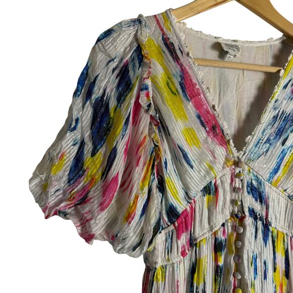 Hemant & Nandita Jorah Multicolor Tie Dye Print V-Neck Puff Sleeve Midi Dress XS - Picture 10 of 16